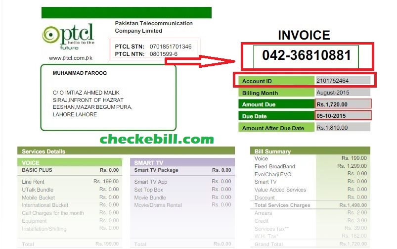ptcl bill account id and number